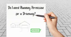 Hand drawing a house with a driveway on paper, with 'Do I need Planning Permission for a Driveway?' text, symbolising the approval process.