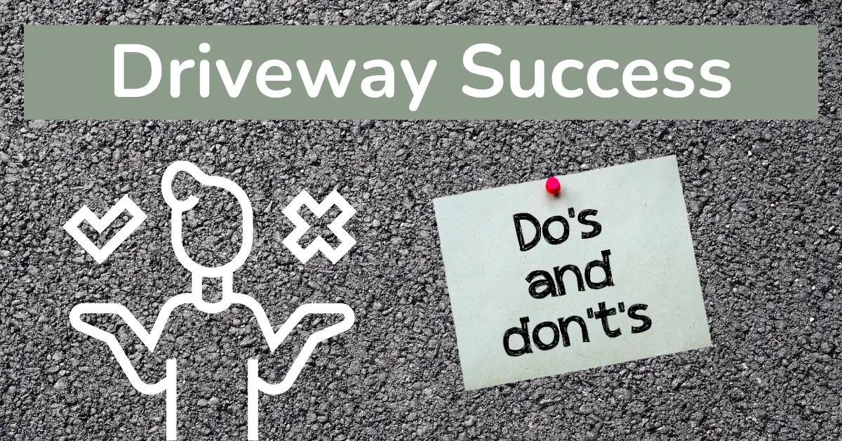 Creative illustration of 'Do's and Don'ts' on a sticky note pinned to a tarmac driveway texture, symbolising key tips for driveway installation success.