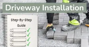 Worker installing block paving with a notebook showing a step-by-step guide checklist for driveway installation.